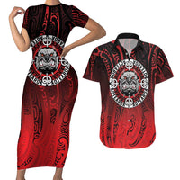 Aotearoa Bulldog Couples Matching Short Sleeve Bodycon Dress and Hawaiian Shirt New Zealand Kowhaiwhai Tribal