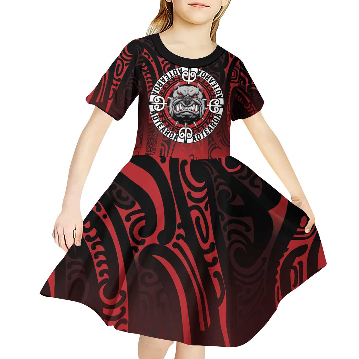 Aotearoa Bulldog Kid Short Sleeve Dress New Zealand Kowhaiwhai Tribal