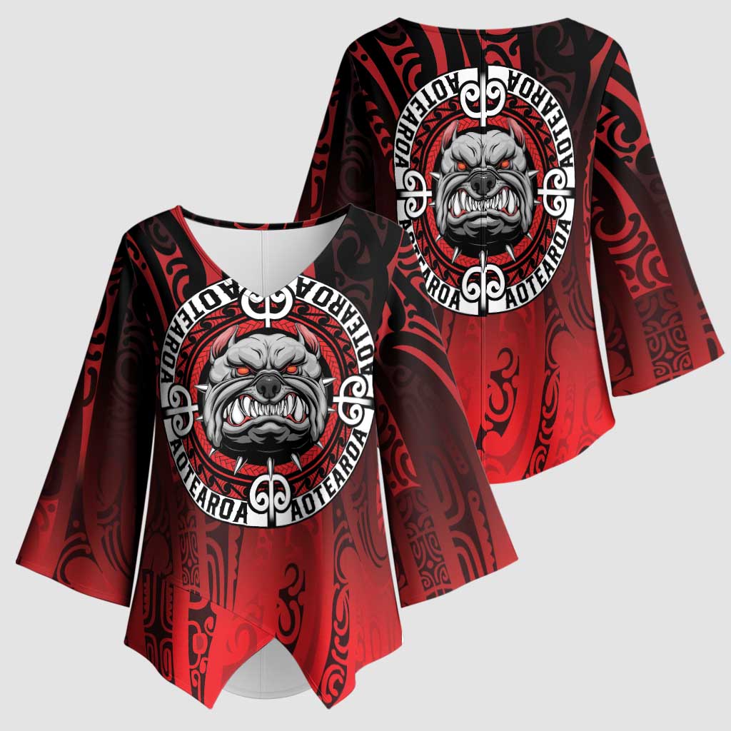 Aotearoa Bulldog Kimono Sleeve Blouse New Zealand Kowhaiwhai Tribal - Polynesian Pride