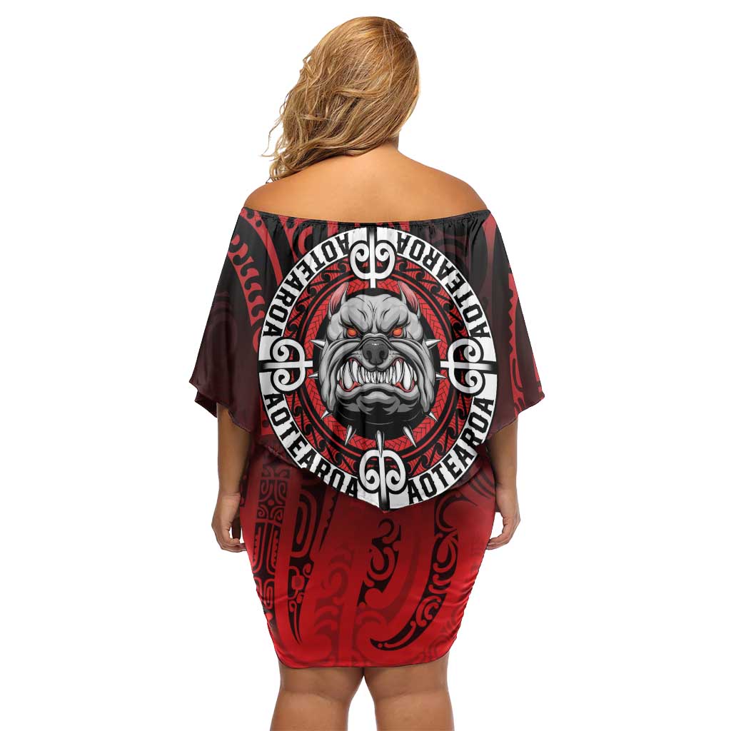 Aotearoa Bulldog Off Shoulder Short Dress New Zealand Kowhaiwhai Tribal