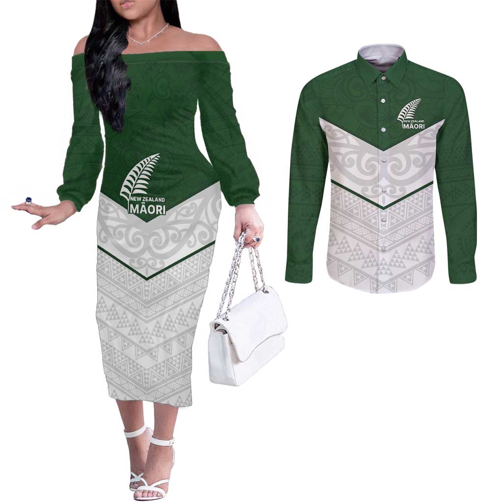 Custom New Zealand Maori Niho Taniwha Couples Matching Off The Shoulder Long Sleeve Dress and Long Sleeve Button Shirt