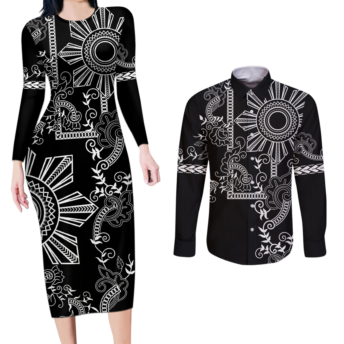 Filipino Sun Tribal Tattoo Couples Matching Long Sleeve Bodycon Dress and Long Sleeve Button Shirt Philippines Inspired Barong Simple Black