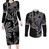 Filipino Sun Tribal Tattoo Couples Matching Long Sleeve Bodycon Dress and Long Sleeve Button Shirt Philippines Inspired Barong Simple Black