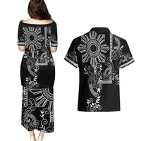 Filipino Sun Tribal Tattoo Couples Matching Puletasi and Hawaiian Shirt Philippines Inspired Barong Simple Black