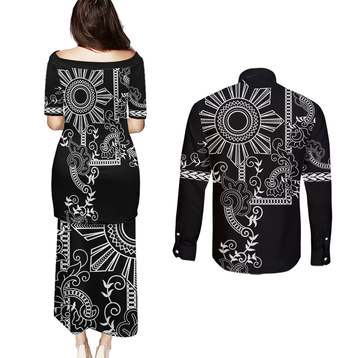 Filipino Sun Tribal Tattoo Couples Matching Puletasi and Long Sleeve Button Shirt Philippines Inspired Barong Simple Black