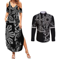 Filipino Sun Tribal Tattoo Couples Matching Summer Maxi Dress and Long Sleeve Button Shirt Philippines Inspired Barong Simple Black