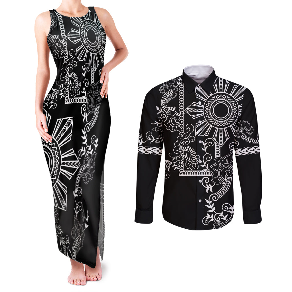 Filipino Sun Tribal Tattoo Couples Matching Tank Maxi Dress and Long Sleeve Button Shirt Philippines Inspired Barong Simple Black