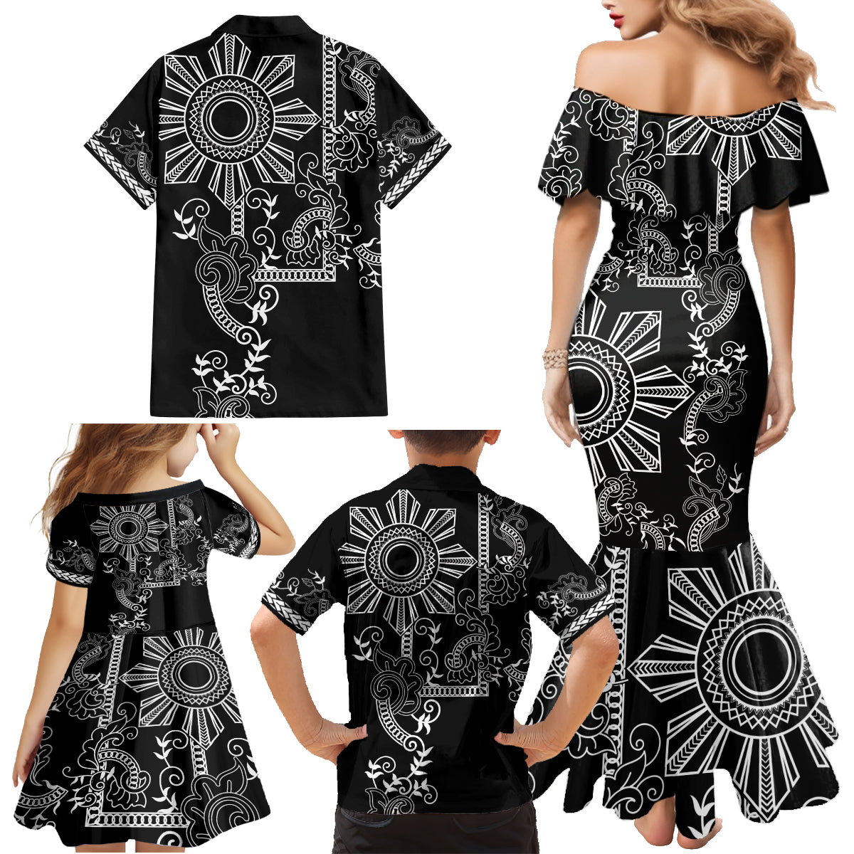 Filipino Sun Tribal Tattoo Family Matching Mermaid Dress and Hawaiian Shirt Philippines Inspired Barong Simple Black
