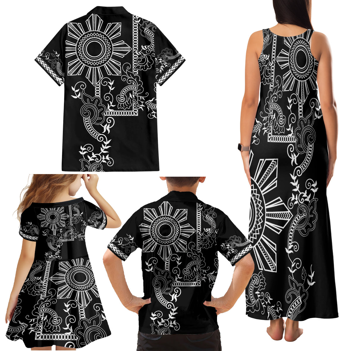 Filipino Sun Tribal Tattoo Family Matching Tank Maxi Dress and Hawaiian Shirt Philippines Inspired Barong Simple Black