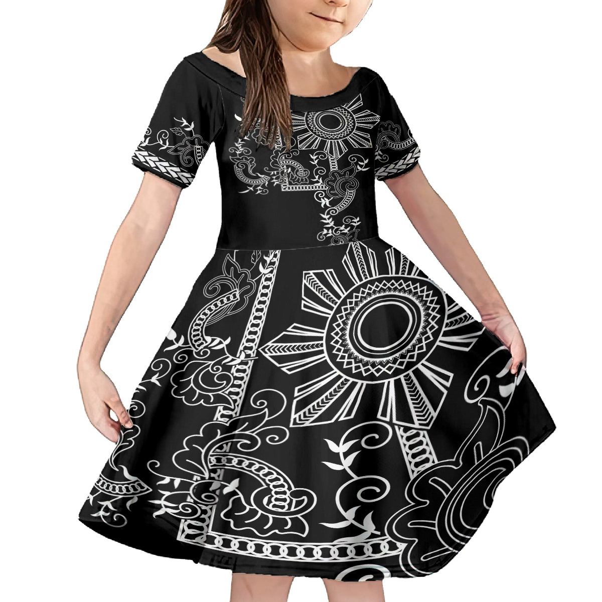Filipino Sun Tribal Tattoo Kid Short Sleeve Dress Philippines Inspired Barong Simple Black