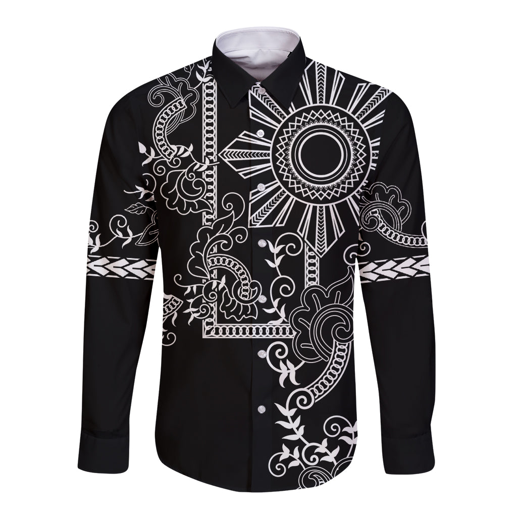 Filipino Sun Tribal Tattoo Long Sleeve Button Shirt Philippines Inspired Barong Simple Black