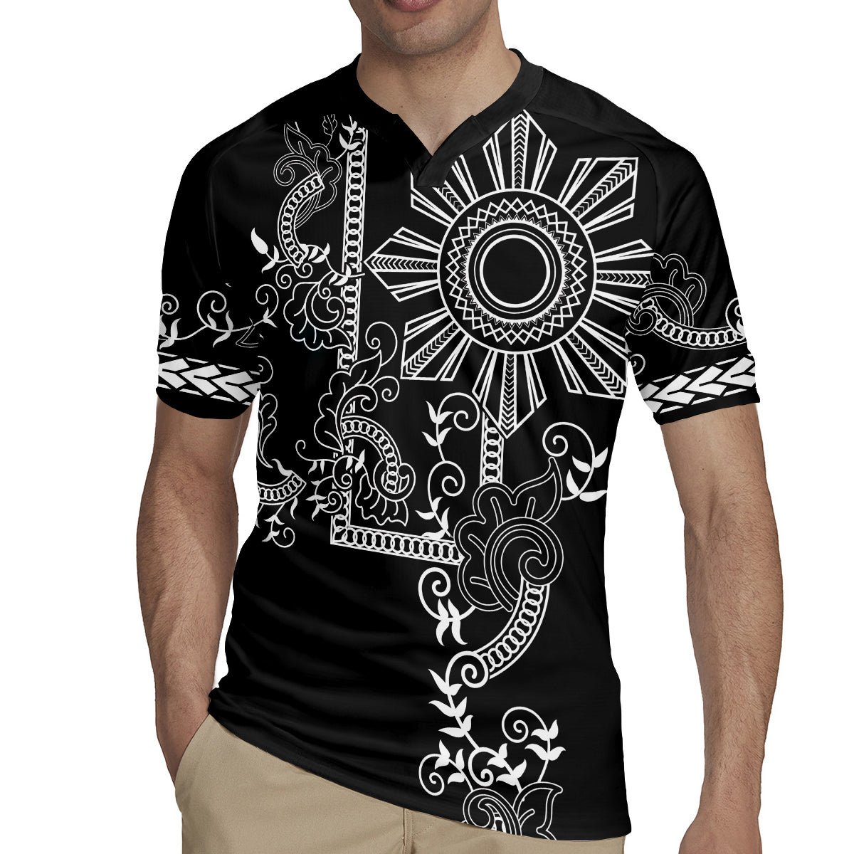 Filipino Sun Tribal Tattoo Rugby Jersey Philippines Inspired Barong Simple Black