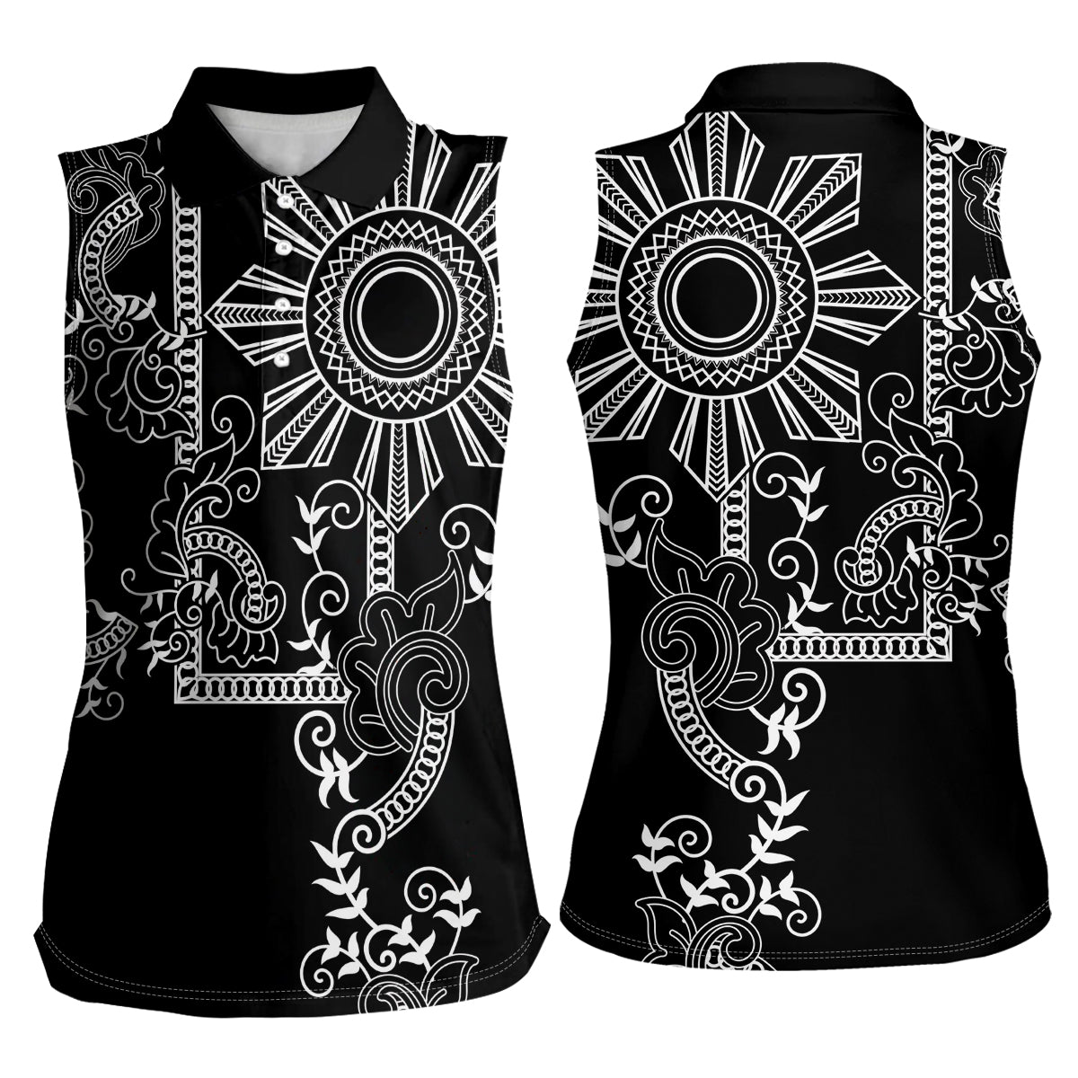 Filipino Sun Tribal Tattoo Women Sleeveless Polo Shirt Philippines Inspired Barong Simple Black