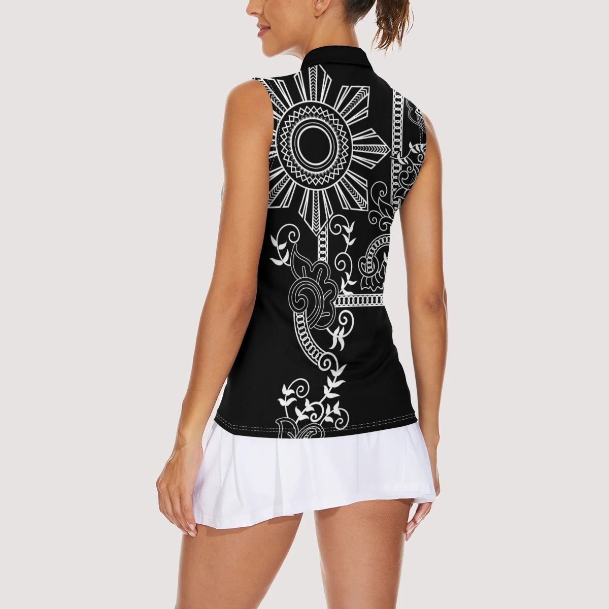 Filipino Sun Tribal Tattoo Women Sleeveless Polo Shirt Philippines Inspired Barong Simple Black