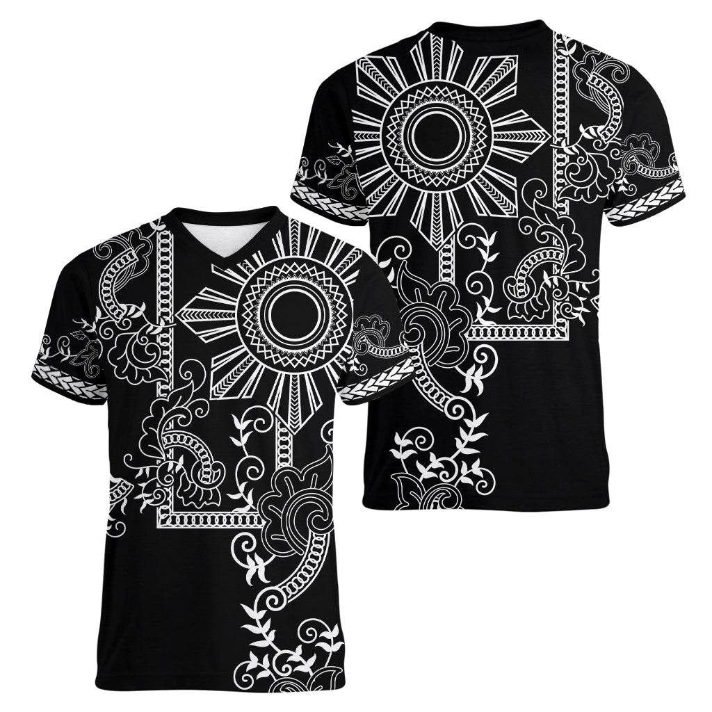 Filipino Sun Tribal Tattoo Women V-Neck T-Shirt Philippines Inspired Barong Simple Black