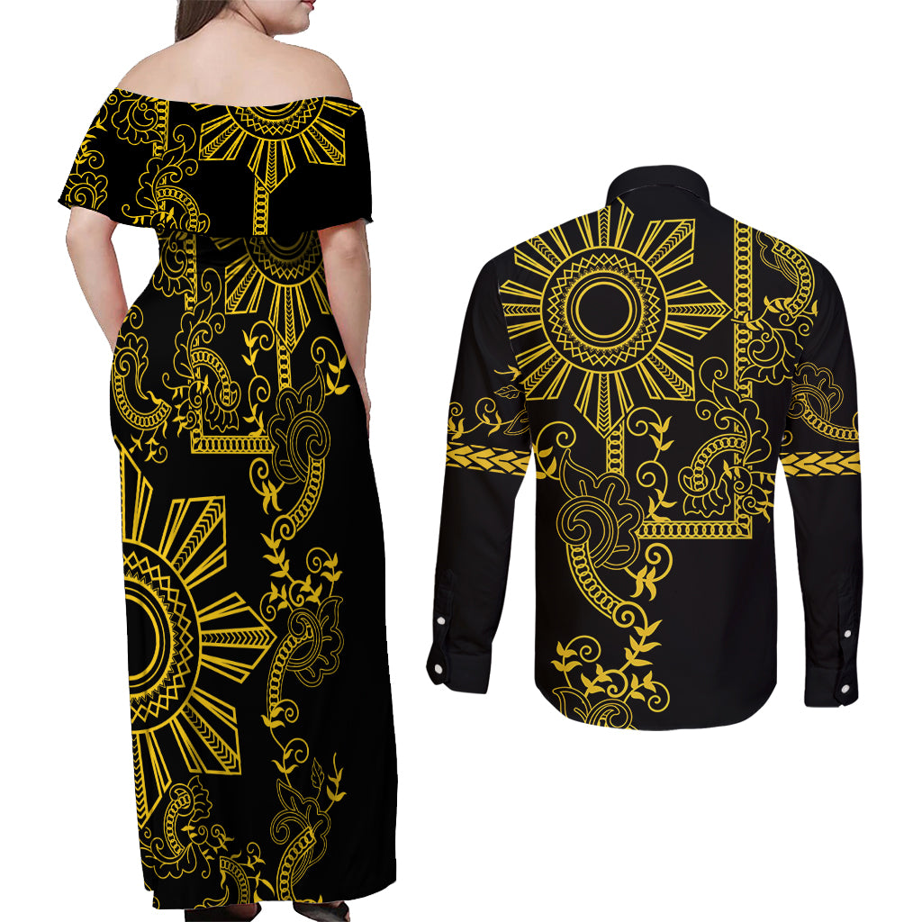 Filipino Sun Tribal Tattoo Couples Matching Off Shoulder Maxi Dress and Long Sleeve Button Shirt Philippines Inspired Barong Simple Gold