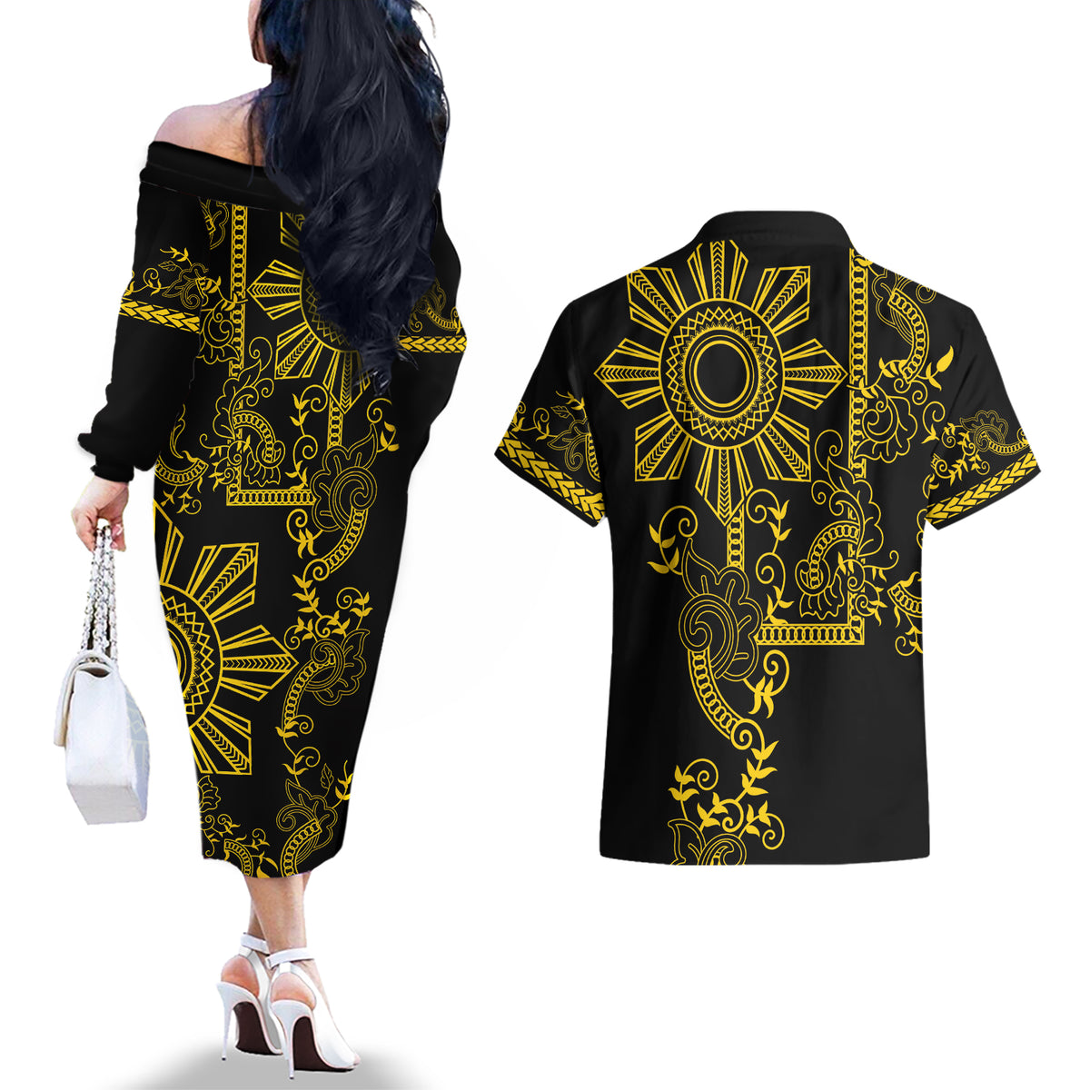 Filipino Sun Tribal Tattoo Couples Matching Off The Shoulder Long Sleeve Dress and Hawaiian Shirt Philippines Inspired Barong Simple Gold