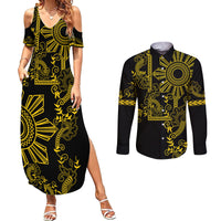 Filipino Sun Tribal Tattoo Couples Matching Summer Maxi Dress and Long Sleeve Button Shirt Philippines Inspired Barong Simple Gold