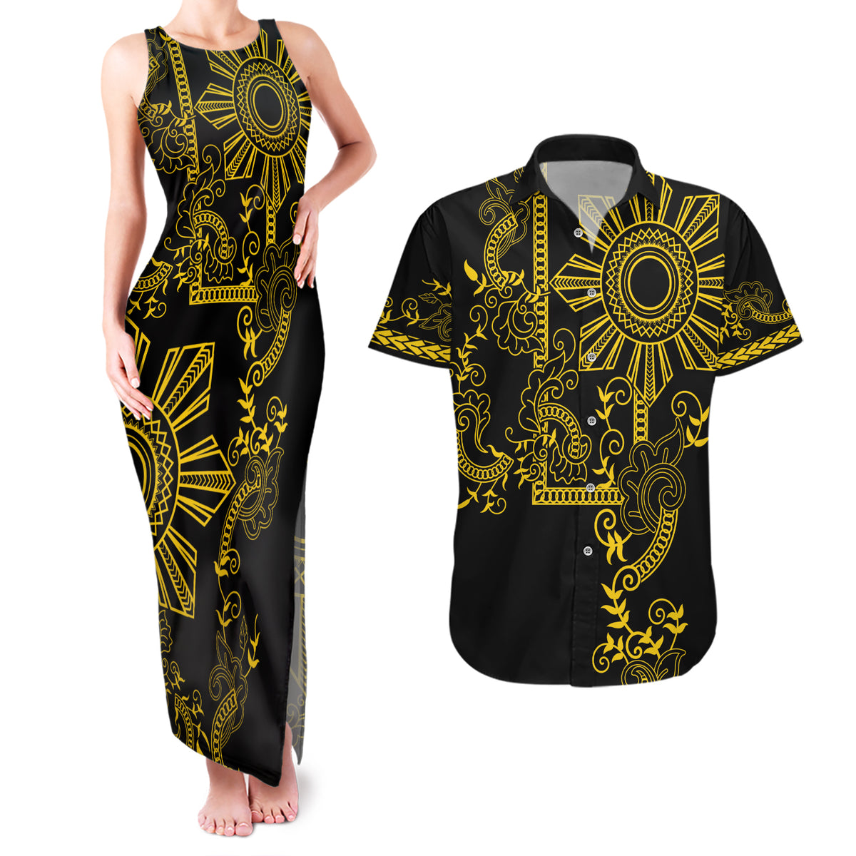 Filipino Sun Tribal Tattoo Couples Matching Tank Maxi Dress and Hawaiian Shirt Philippines Inspired Barong Simple Gold
