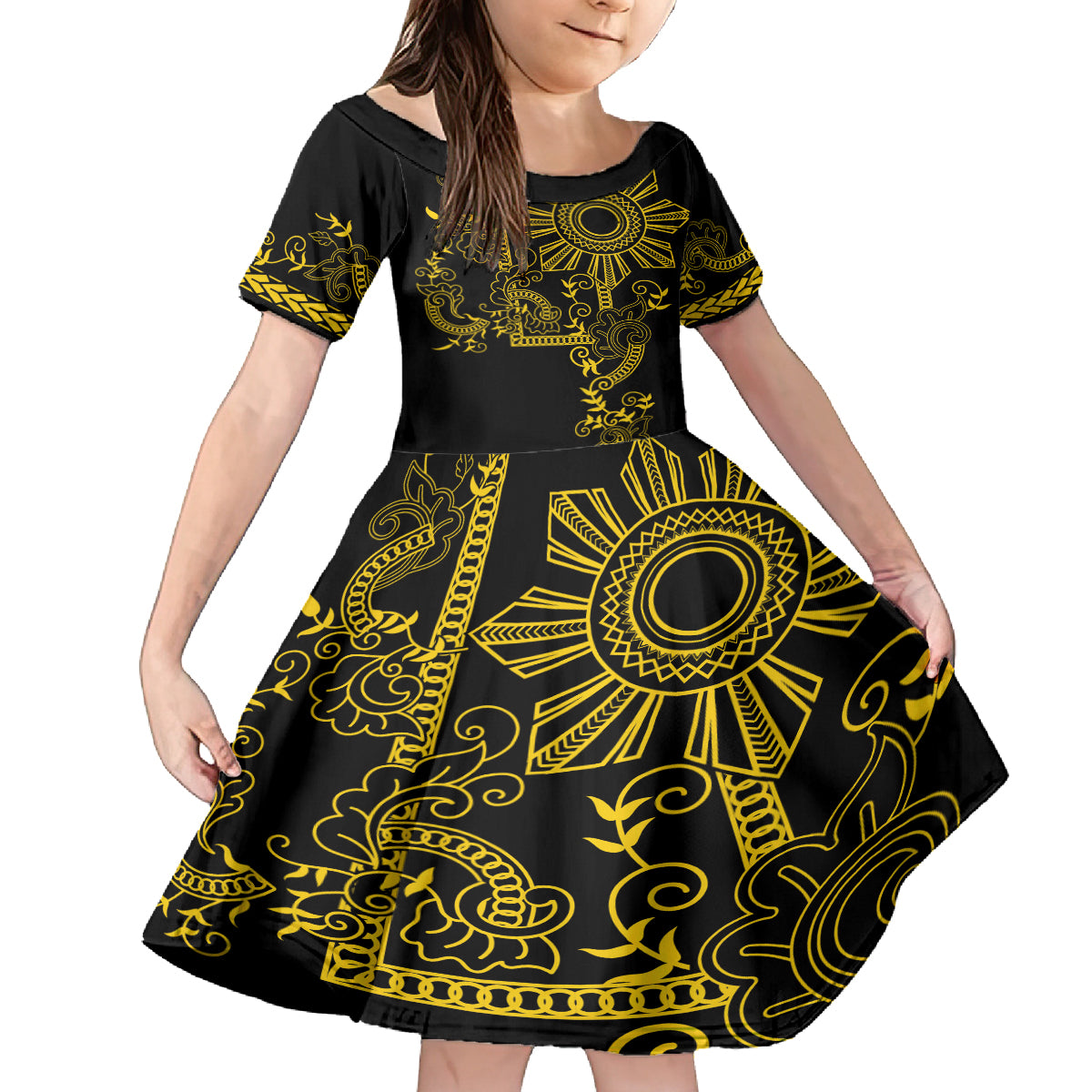 Filipino Sun Tribal Tattoo Family Matching Tank Maxi Dress and Hawaiian Shirt Philippines Inspired Barong Simple Gold