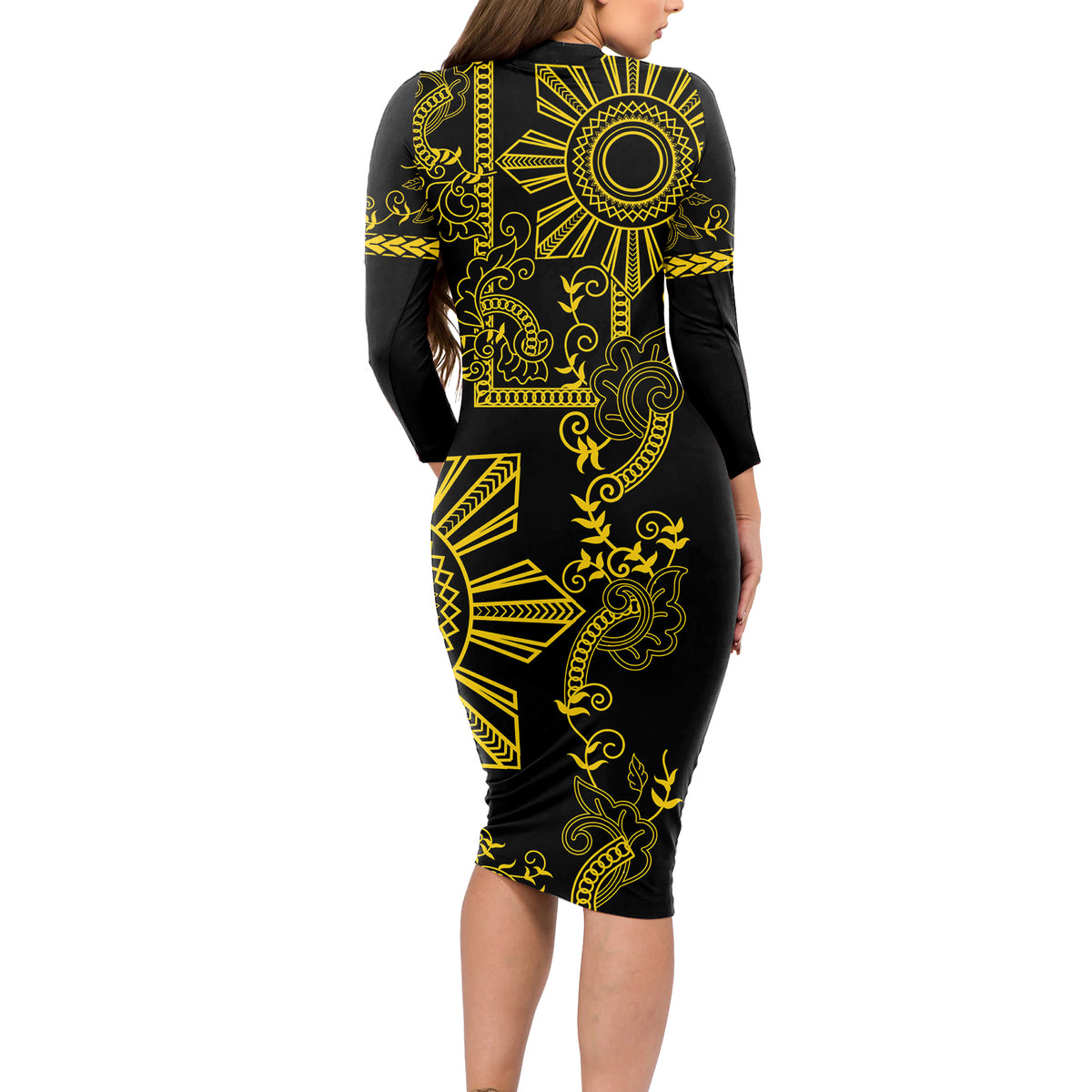 Filipino Sun Tribal Tattoo Long Sleeve Bodycon Dress Philippines Inspired Barong Simple Gold