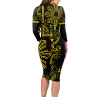 Filipino Sun Tribal Tattoo Long Sleeve Bodycon Dress Philippines Inspired Barong Simple Gold