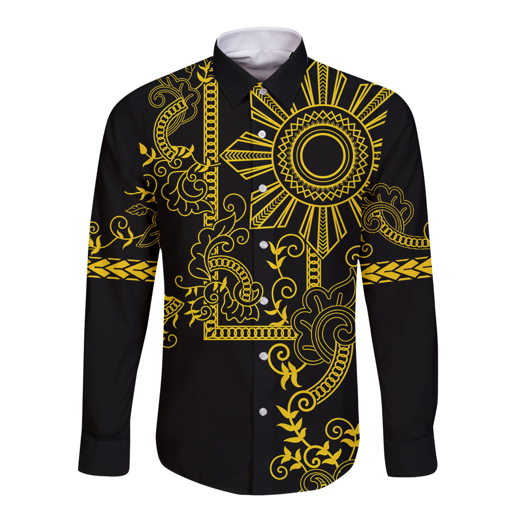 Filipino Sun Tribal Tattoo Long Sleeve Button Shirt Philippines Inspired Barong Simple Gold