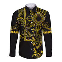 Filipino Sun Tribal Tattoo Long Sleeve Button Shirt Philippines Inspired Barong Simple Gold