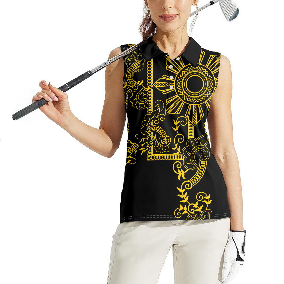 Filipino Sun Tribal Tattoo Women Sleeveless Polo Shirt Philippines Inspired Barong Simple Gold