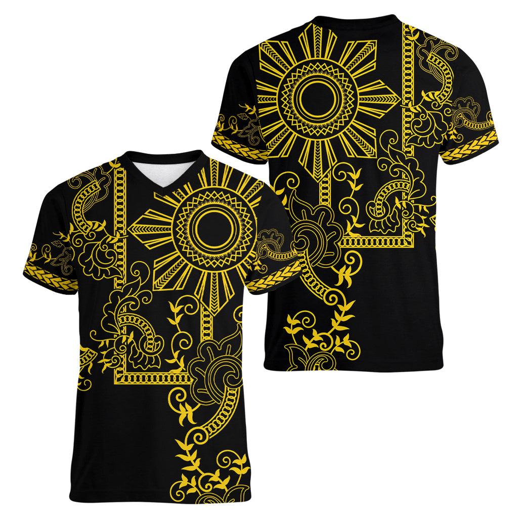 Filipino Sun Tribal Tattoo Women V-Neck T-Shirt Philippines Inspired Barong Simple Gold