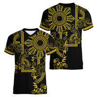 Filipino Sun Tribal Tattoo Women V-Neck T-Shirt Philippines Inspired Barong Simple Gold
