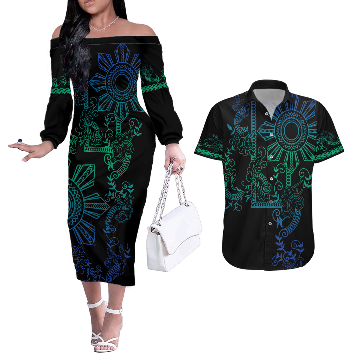 Filipino Sun Tribal Tattoo Couples Matching Off The Shoulder Long Sleeve Dress and Hawaiian Shirt Philippines Inspired Barong Blue Art