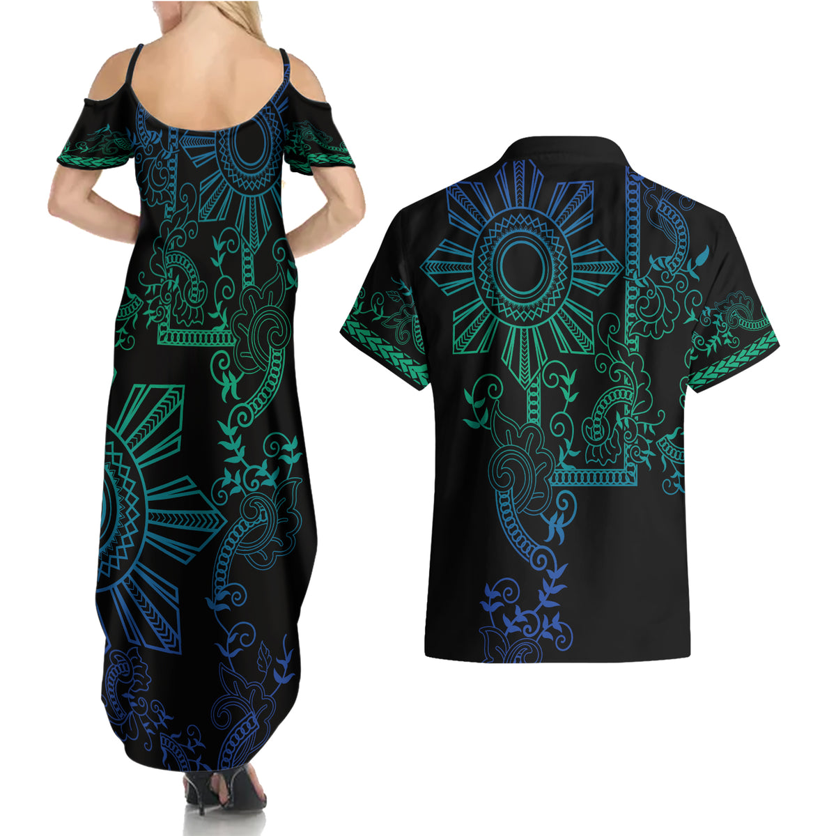 Filipino Sun Tribal Tattoo Couples Matching Summer Maxi Dress and Hawaiian Shirt Philippines Inspired Barong Blue Art