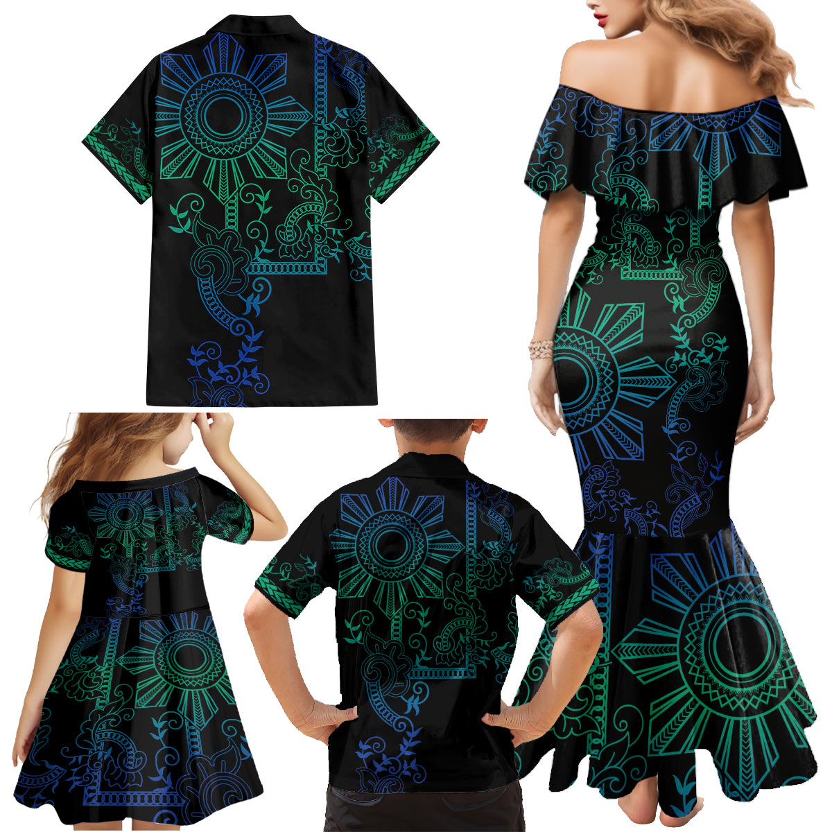 Filipino Sun Tribal Tattoo Family Matching Mermaid Dress and Hawaiian Shirt Philippines Inspired Barong Blue Art