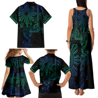 Filipino Sun Tribal Tattoo Family Matching Tank Maxi Dress and Hawaiian Shirt Philippines Inspired Barong Blue Art