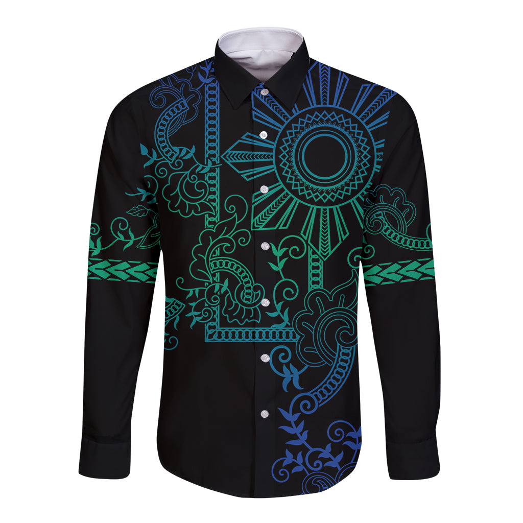 Filipino Sun Tribal Tattoo Long Sleeve Button Shirt Philippines Inspired Barong Blue Art