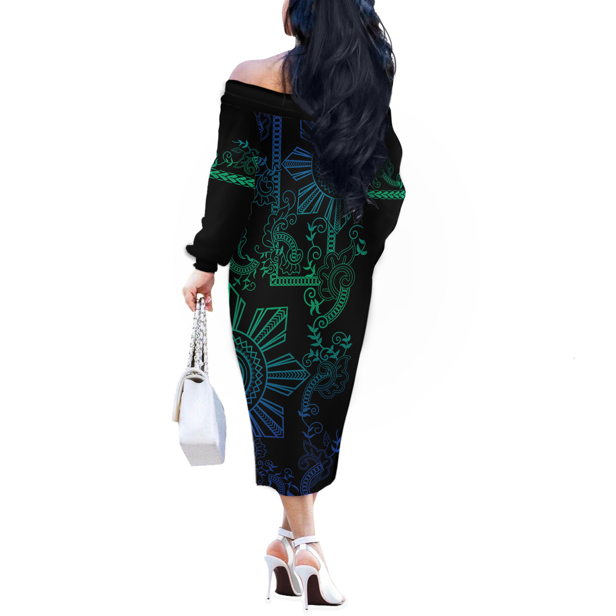 Filipino Sun Tribal Tattoo Off The Shoulder Long Sleeve Dress Philippines Inspired Barong Blue Art