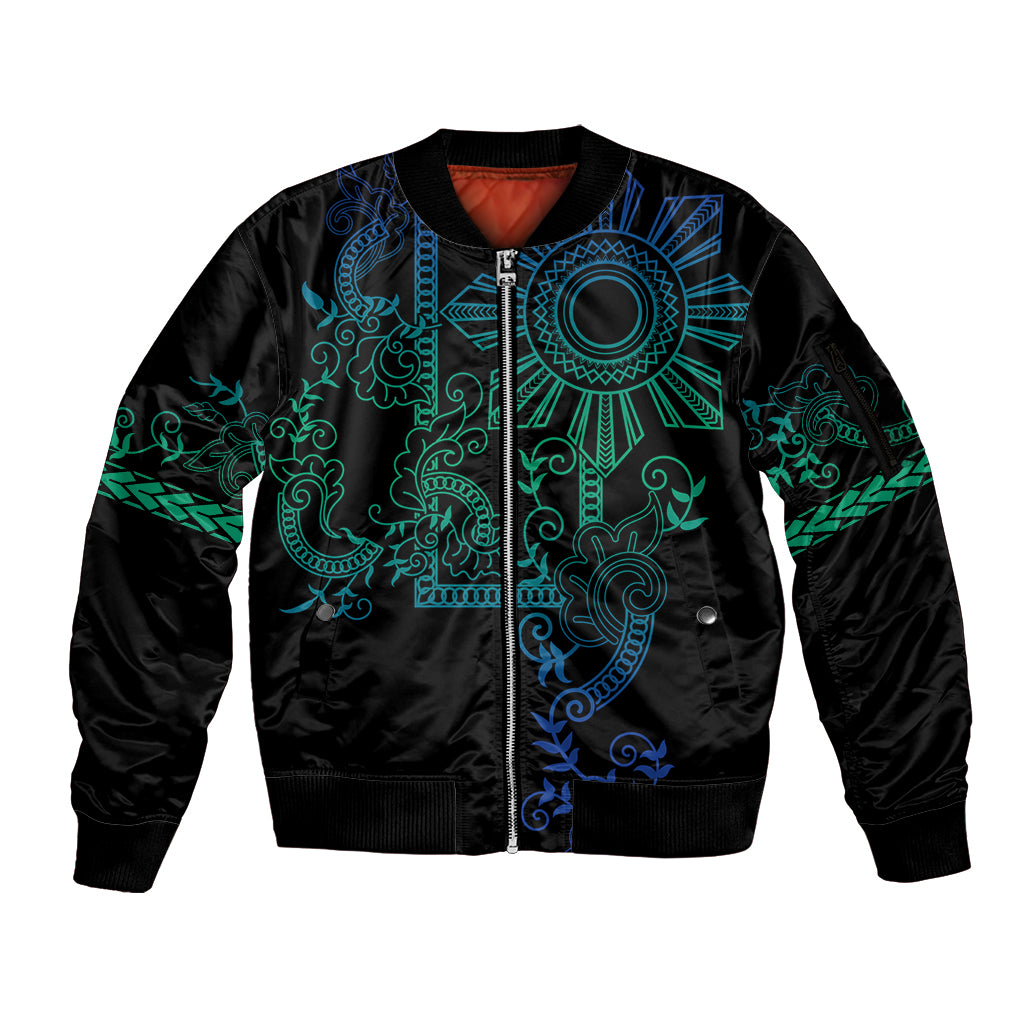 Filipino Sun Tribal Tattoo Sleeve Zip Bomber Jacket Philippines Inspired Barong Blue Art