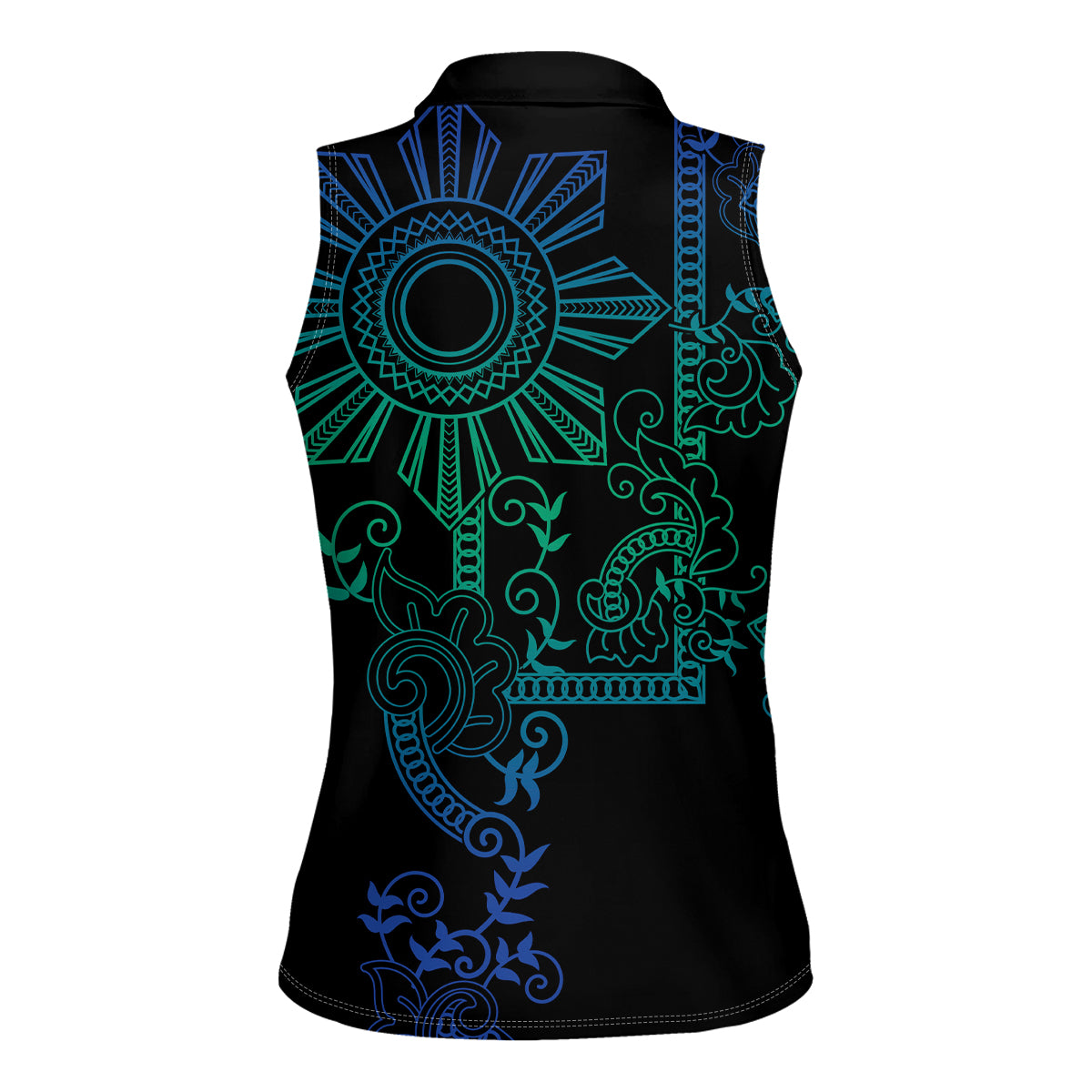 Filipino Sun Tribal Tattoo Women Sleeveless Polo Shirt Philippines Inspired Barong Blue Art