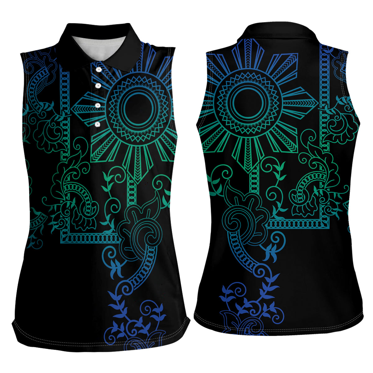 Filipino Sun Tribal Tattoo Women Sleeveless Polo Shirt Philippines Inspired Barong Blue Art