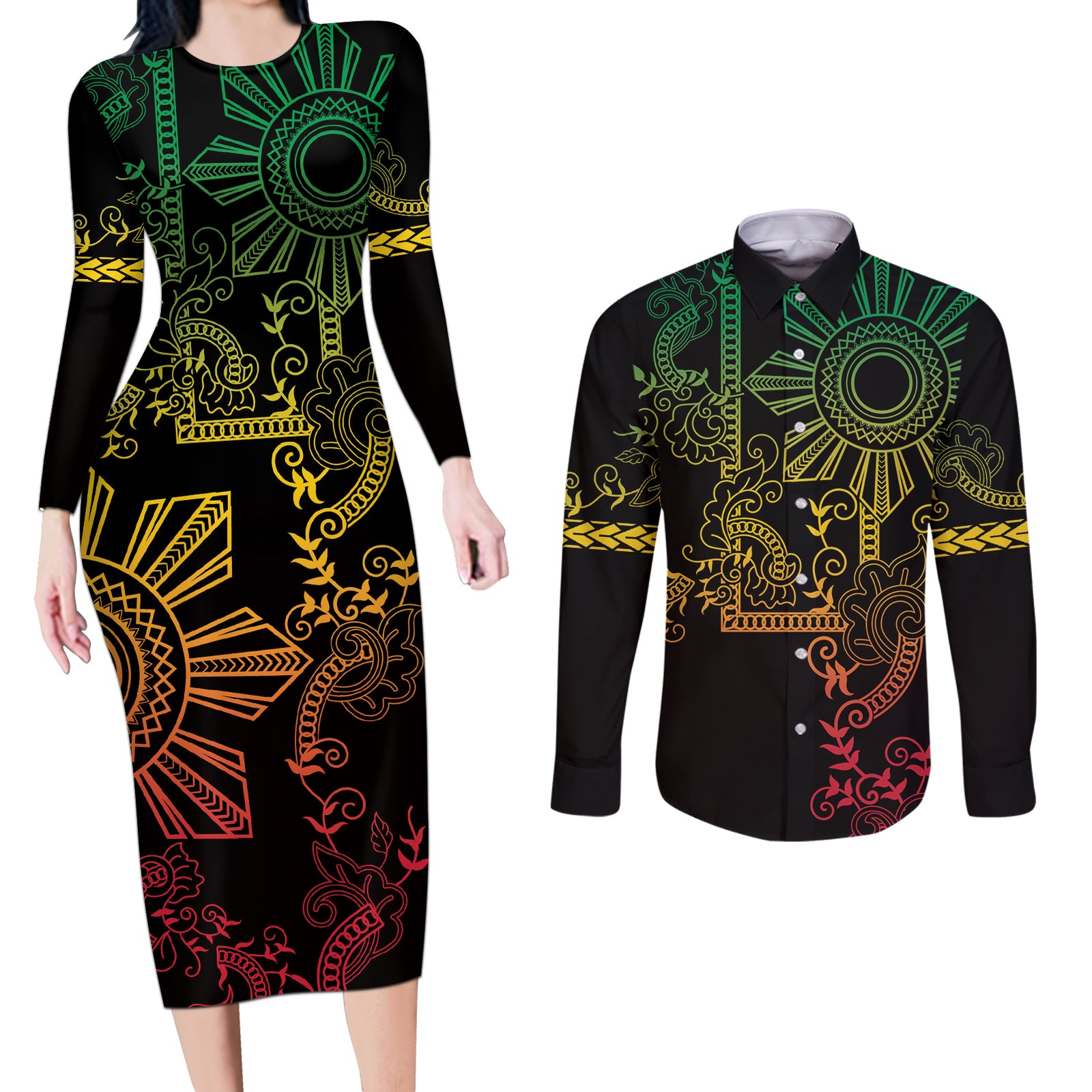 Filipino Sun Tribal Tattoo Couples Matching Long Sleeve Bodycon Dress and Long Sleeve Button Shirt Philippines Inspired Barong Reggae Art