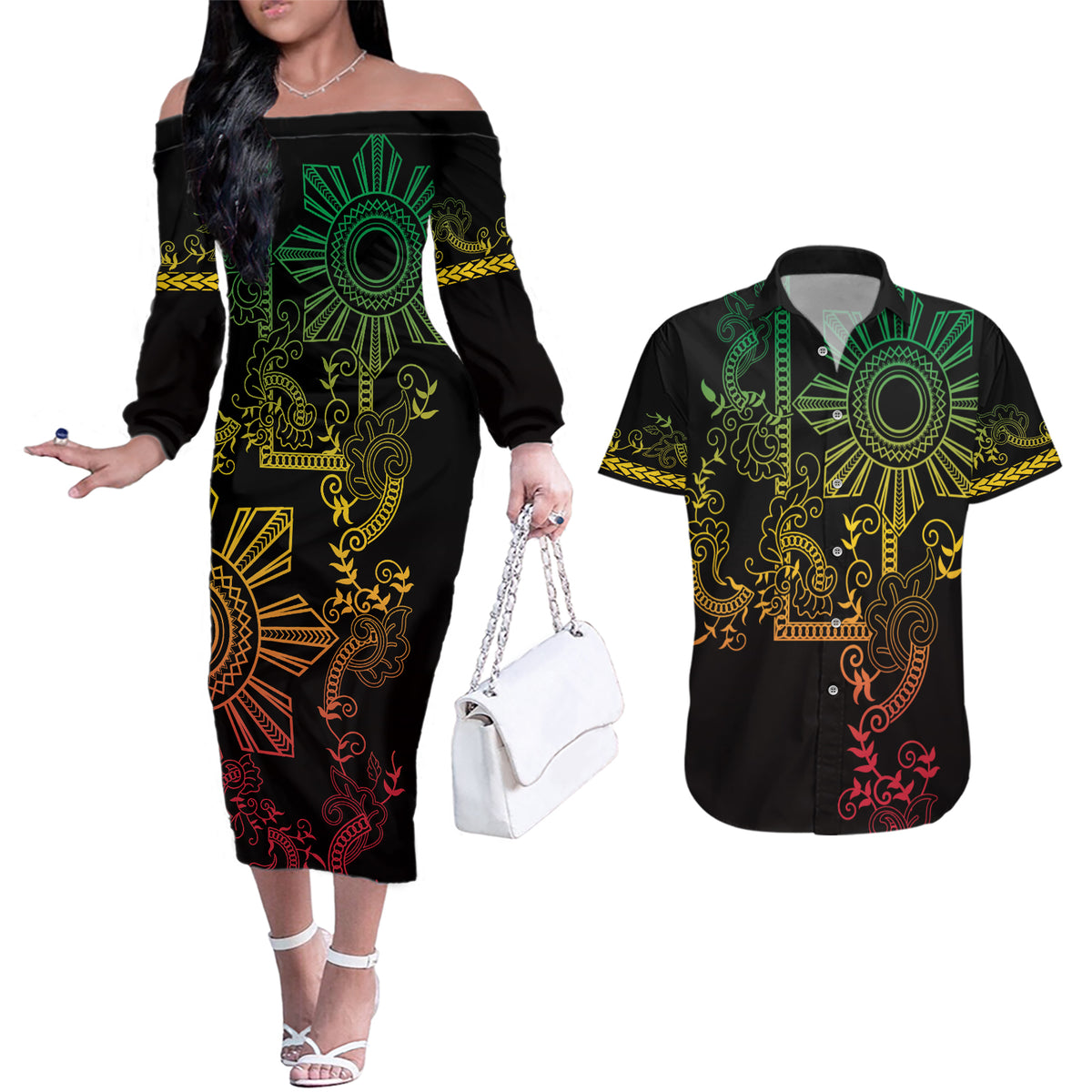Filipino Sun Tribal Tattoo Couples Matching Off The Shoulder Long Sleeve Dress and Hawaiian Shirt Philippines Inspired Barong Reggae Art