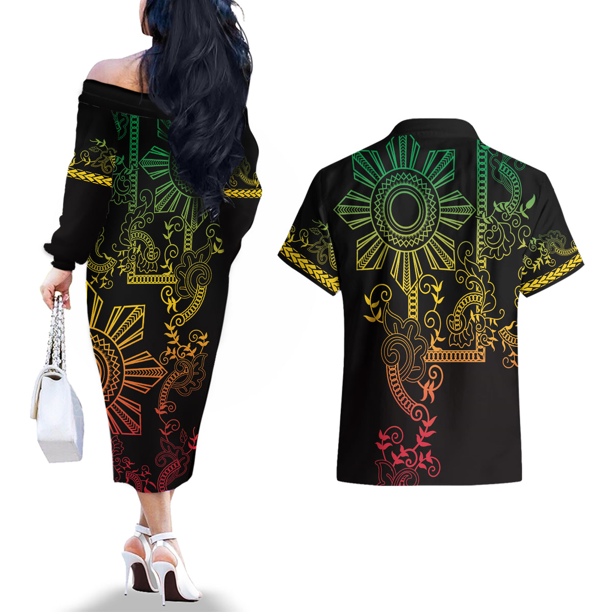Filipino Sun Tribal Tattoo Couples Matching Off The Shoulder Long Sleeve Dress and Hawaiian Shirt Philippines Inspired Barong Reggae Art