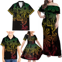 Filipino Sun Tribal Tattoo Family Matching Off Shoulder Maxi Dress and Hawaiian Shirt Philippines Inspired Barong Reggae Art