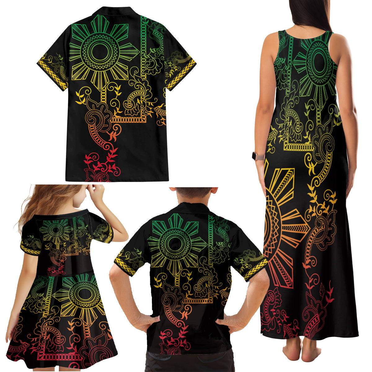 Filipino Sun Tribal Tattoo Family Matching Tank Maxi Dress and Hawaiian Shirt Philippines Inspired Barong Reggae Art