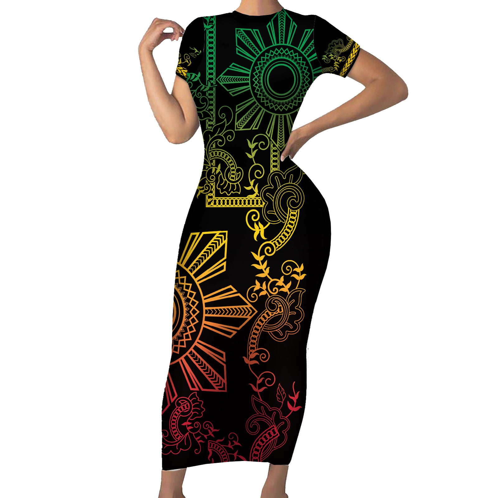 Filipino Sun Tribal Tattoo Short Sleeve Bodycon Dress Philippines Inspired Barong Reggae Art
