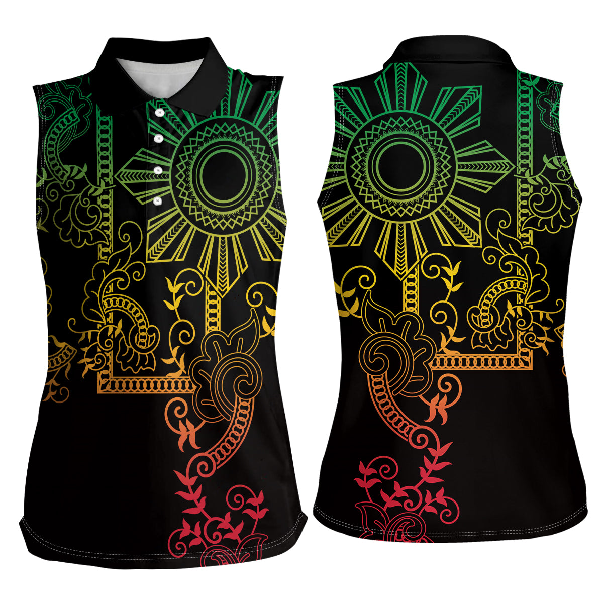 Filipino Sun Tribal Tattoo Women Sleeveless Polo Shirt Philippines Inspired Barong Reggae Art