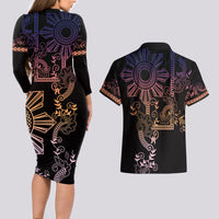 Filipino Sun Tribal Tattoo Couples Matching Long Sleeve Bodycon Dress and Hawaiian Shirt Philippines Inspired Barong Pink Art