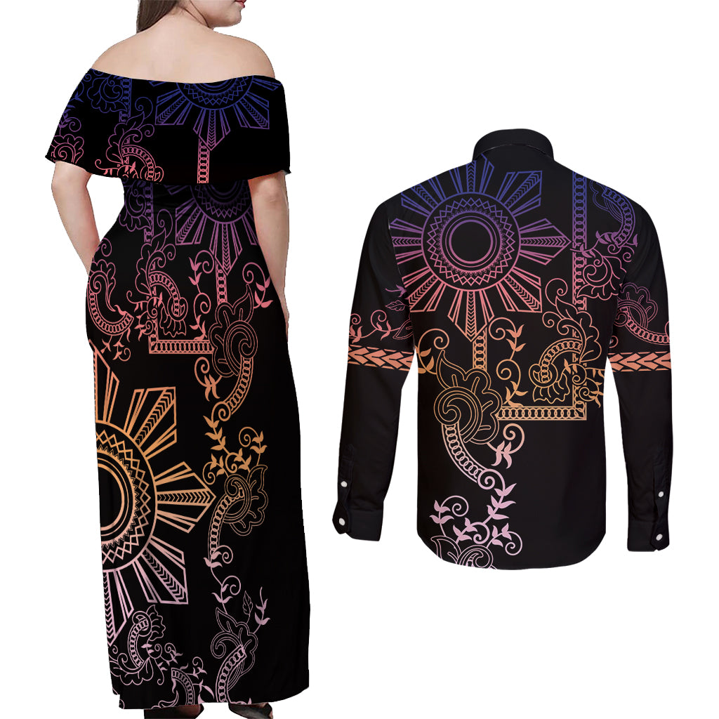 Filipino Sun Tribal Tattoo Couples Matching Off Shoulder Maxi Dress and Long Sleeve Button Shirt Philippines Inspired Barong Pink Art