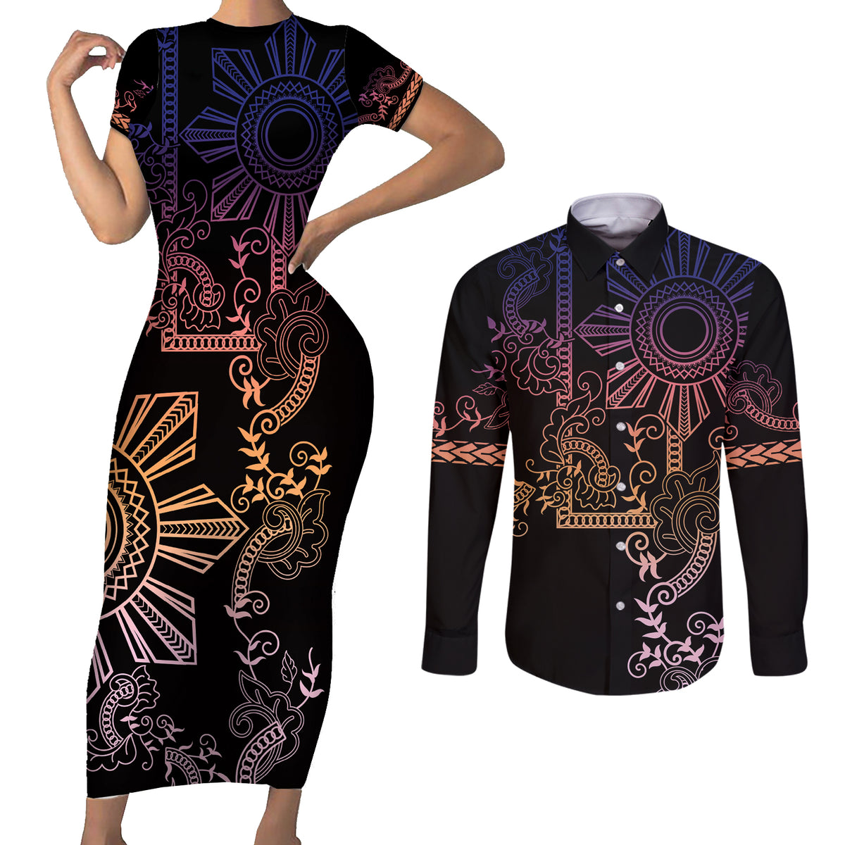 Filipino Sun Tribal Tattoo Couples Matching Short Sleeve Bodycon Dress and Long Sleeve Button Shirt Philippines Inspired Barong Pink Art